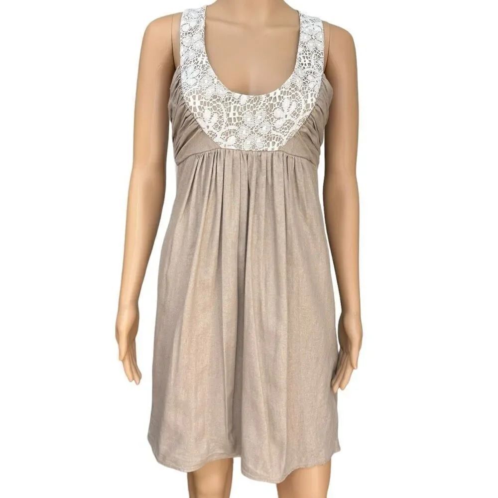 Anthropologie Molly New York Dress beige Gold Empire Waist Linen blend size 2